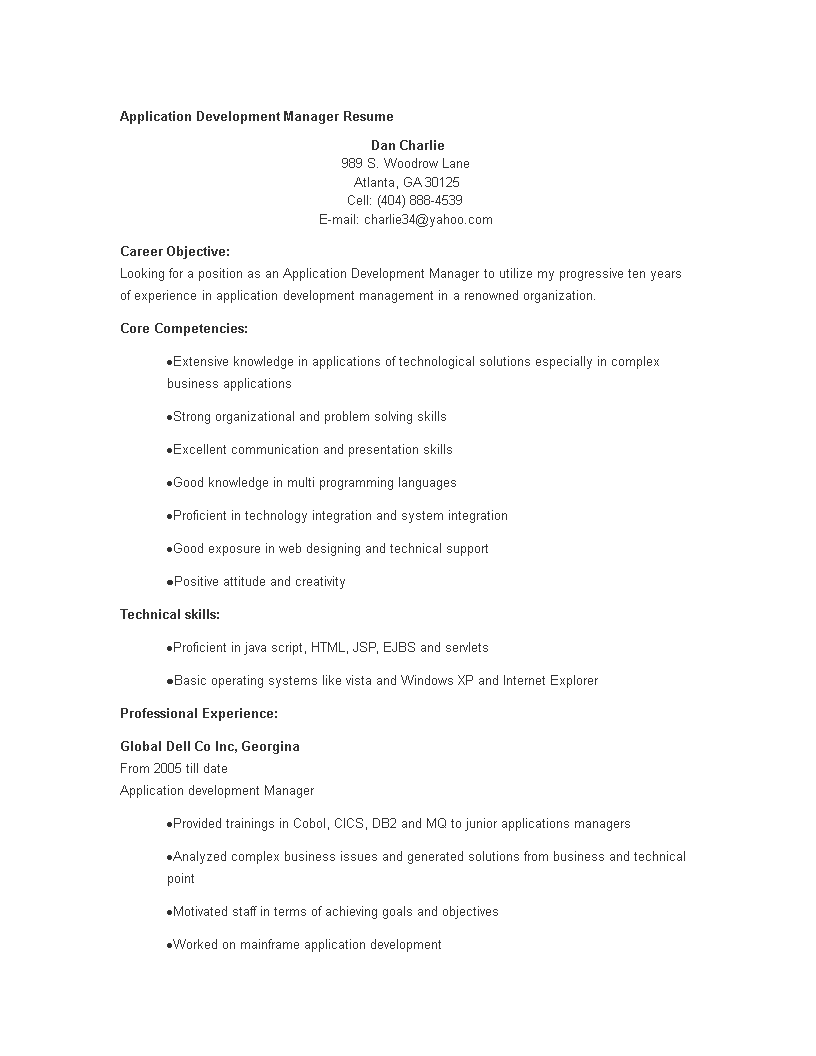 application development manager resume template