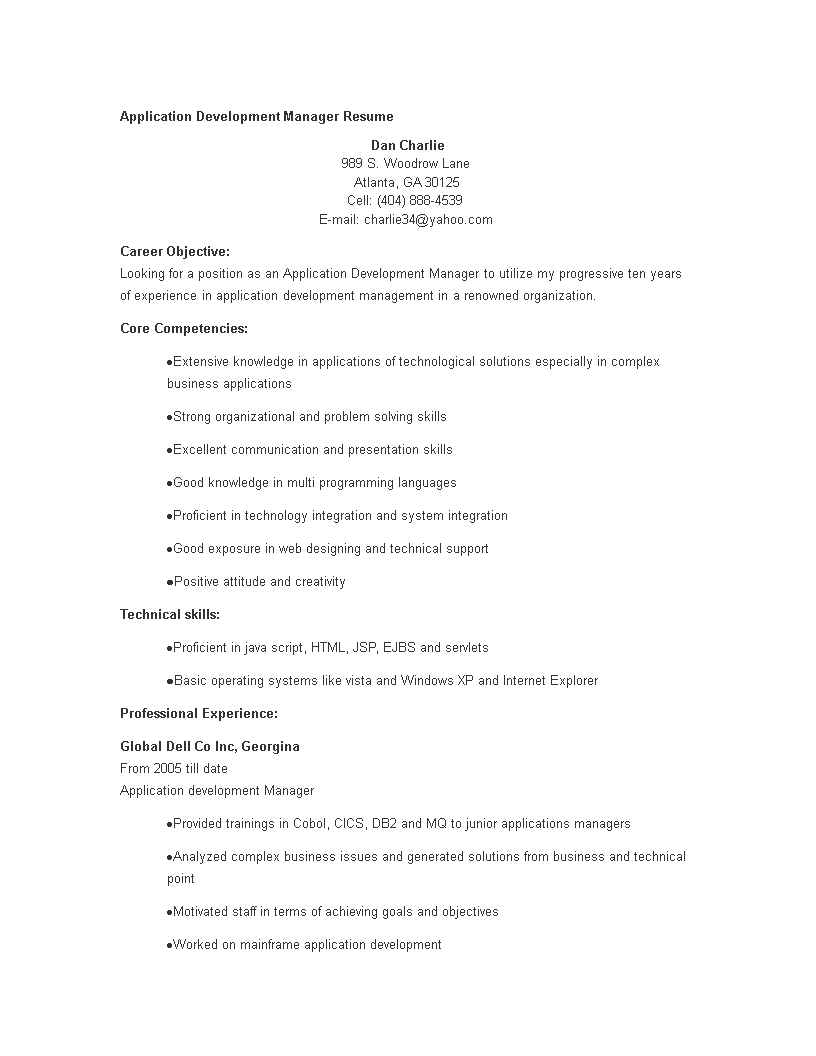 application development manager resume modèles