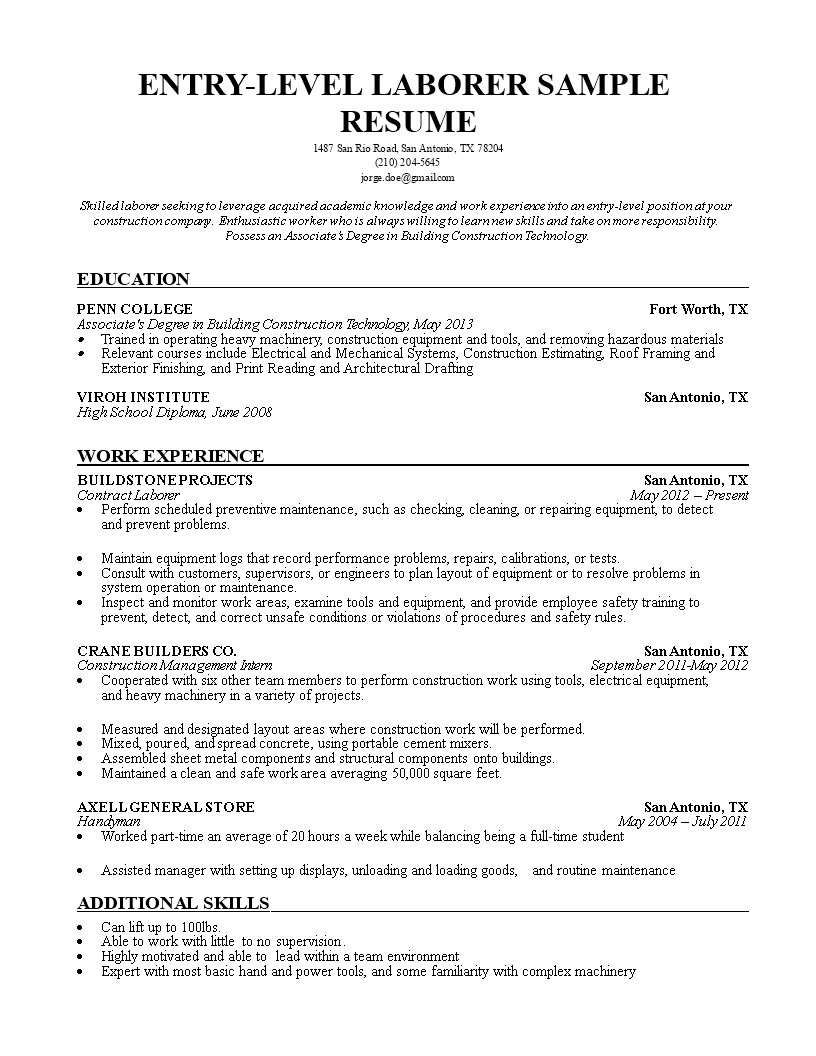 el laborer resume template