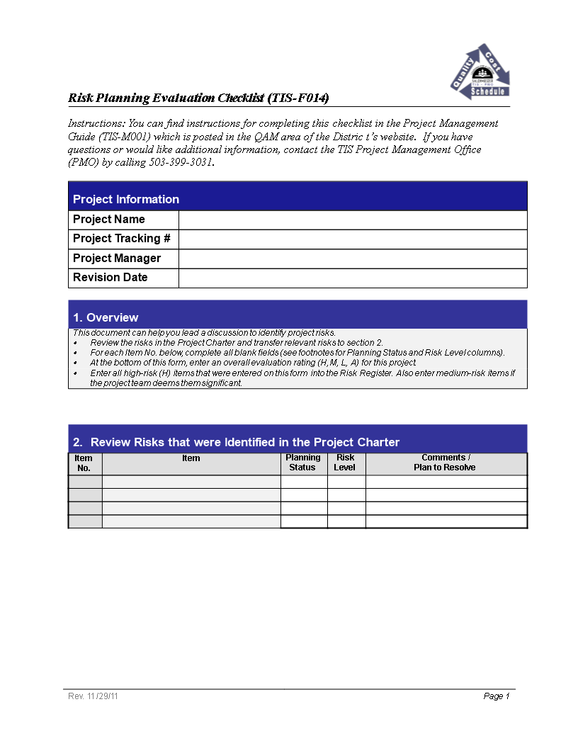 project planning risk evaluation checklist Hauptschablonenbild