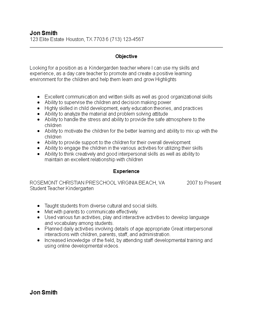 professional kindergarten teacher resume modèles