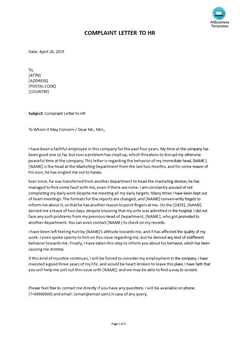 complaint letter to hr template