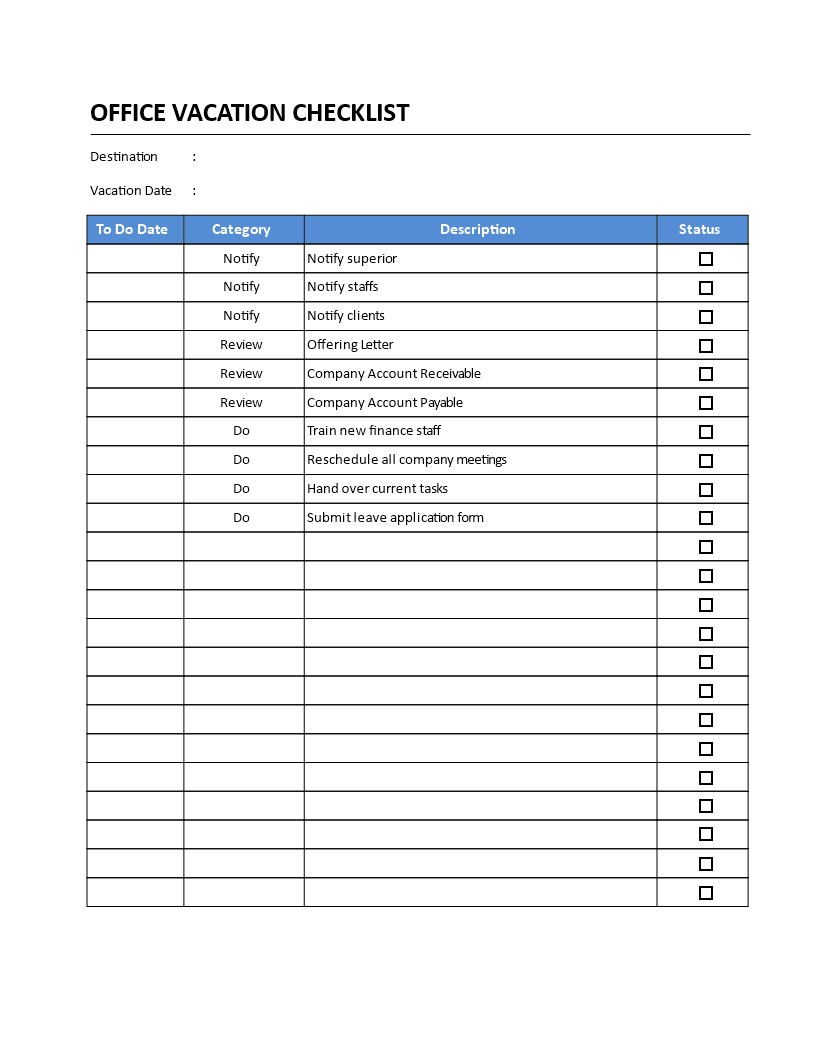 office vacation checklist modèles