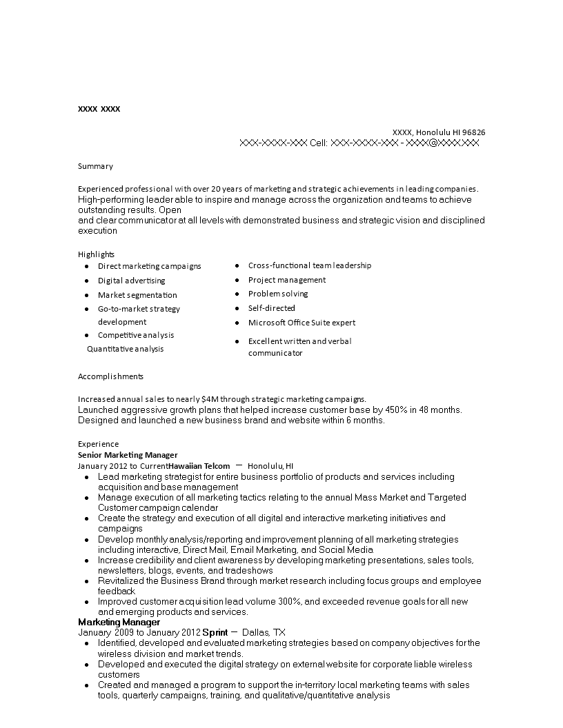 marketing manager resume senior level plantilla imagen principal