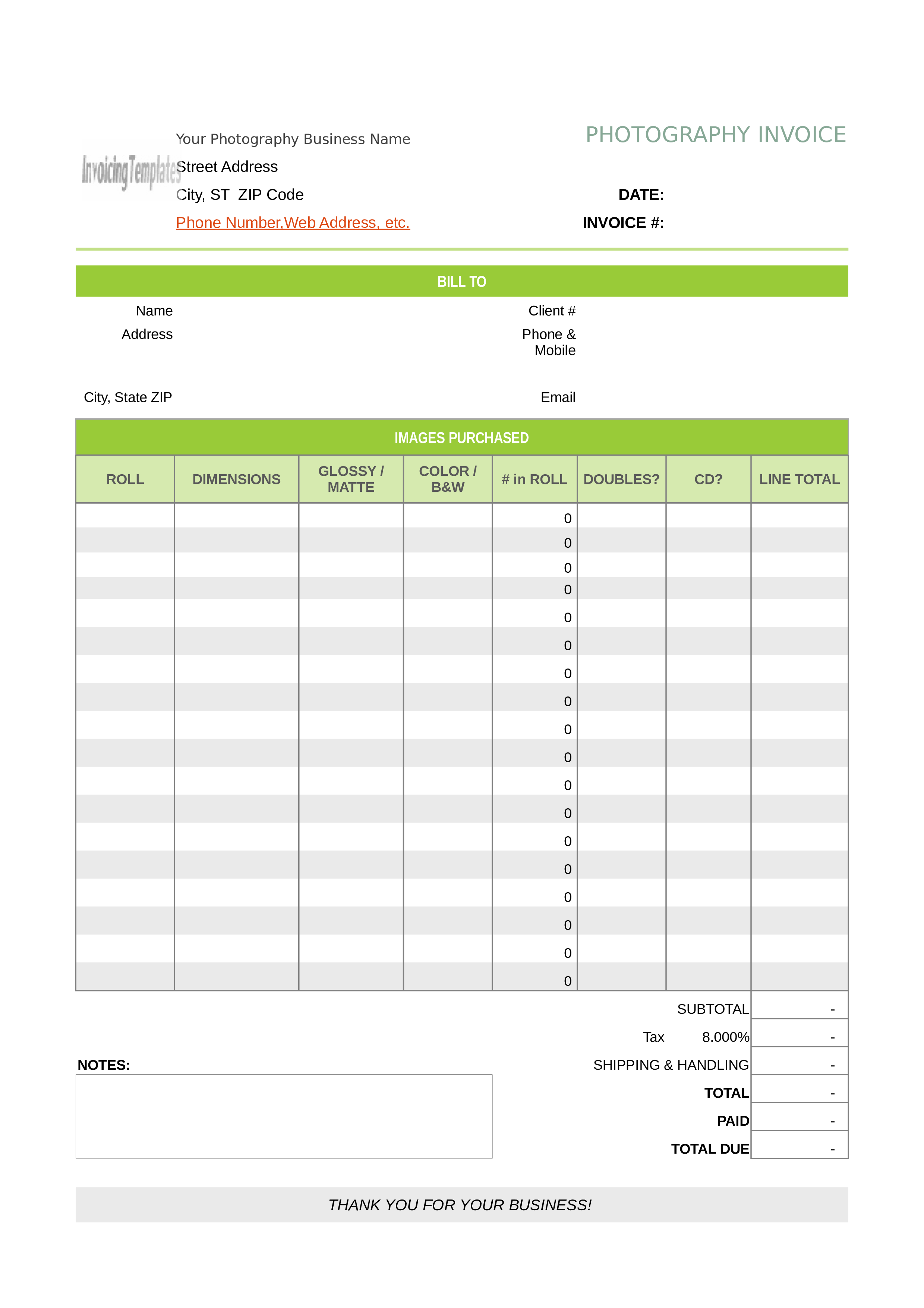 photography sales receipt template