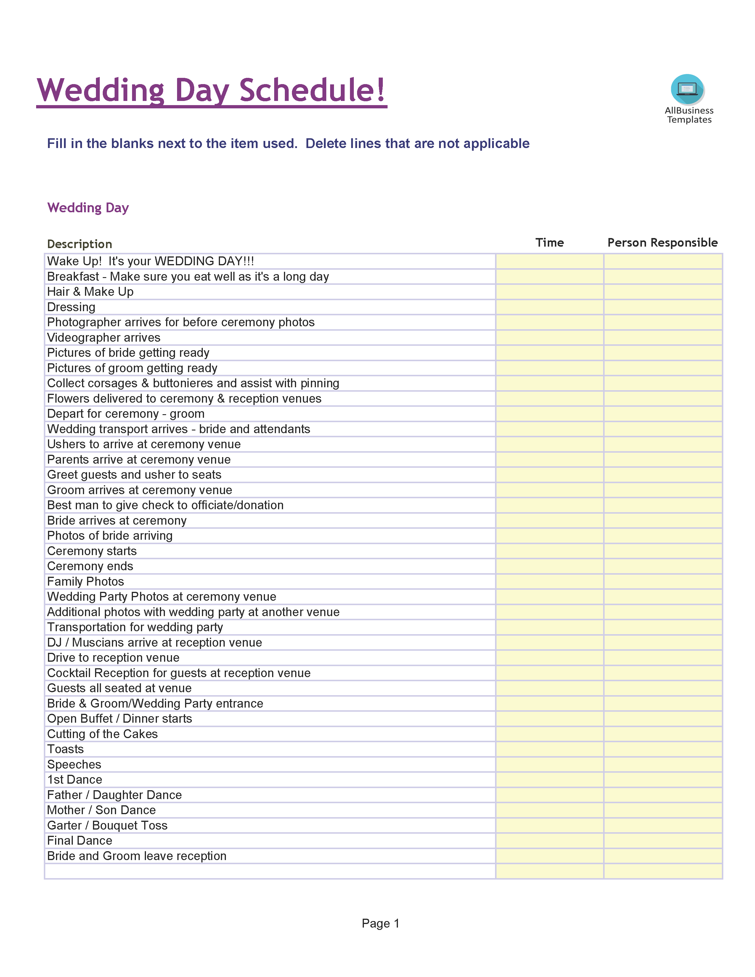 wedding itinerary template excel spreadsheet template