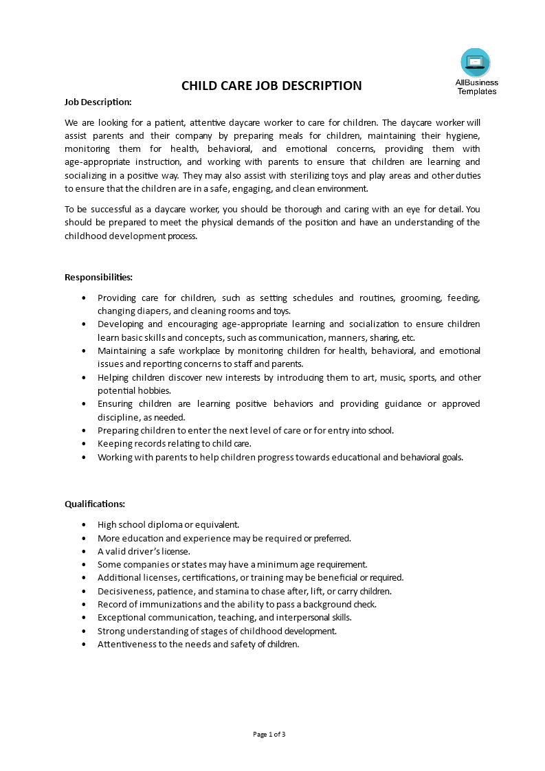 child care job description plantilla imagen principal