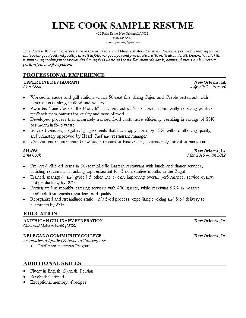 line cook resume sample modèles