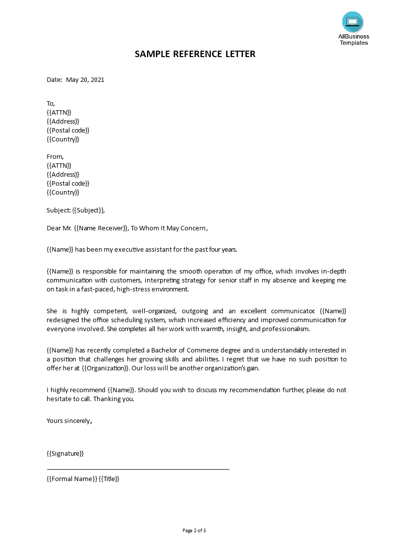 Kostenloses Reference Letter For Employment With Regard To Business Reference Template Word