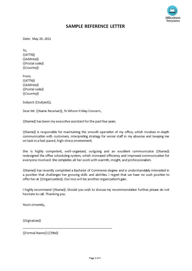 Kostenloses Reference Letter For Employment