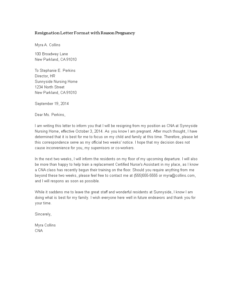 resignation letter format reason pregnancy template