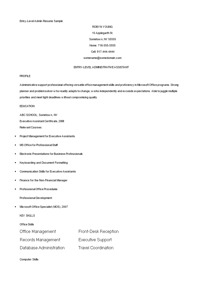 Sample Entry Level Administrative Resume 模板