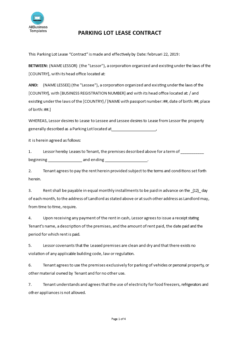 parking lot lease agreement template template