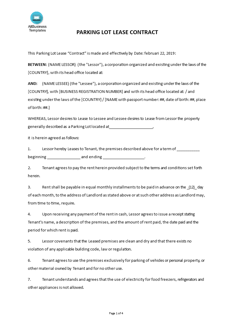  Parking Lot Lease Agreement Template Allbusinesstemplates
