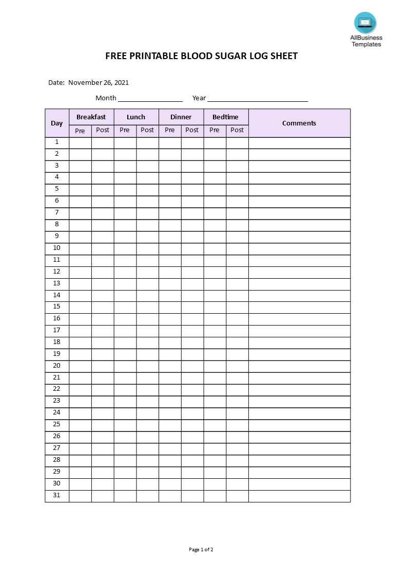 Free Printable Blood Sugar Log Sheet Gratis