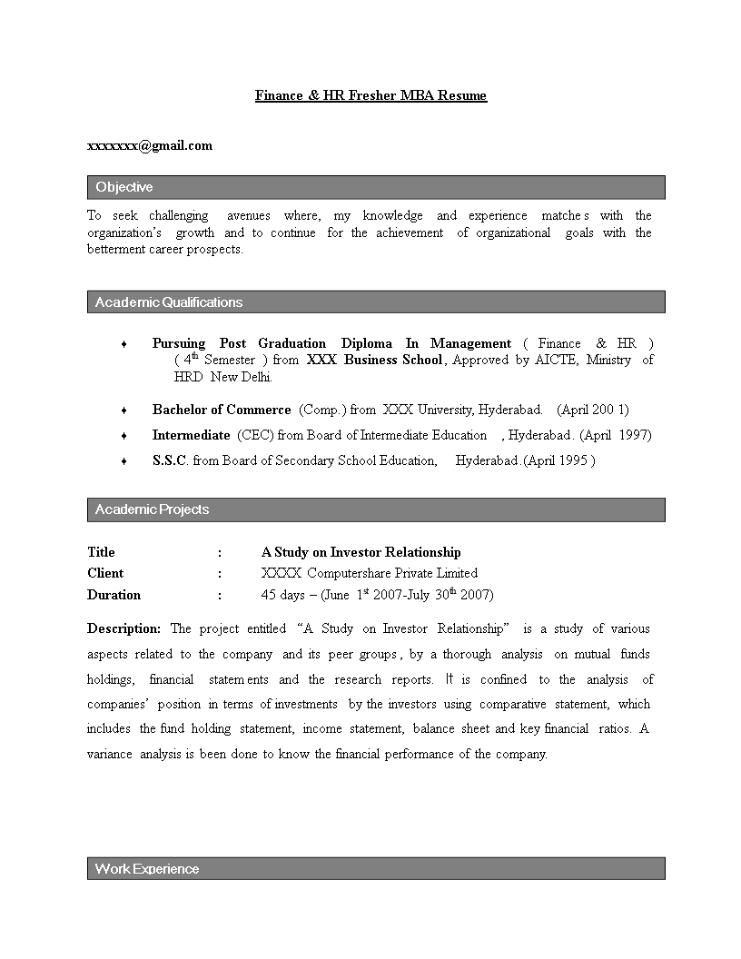 resume template for hr freshers