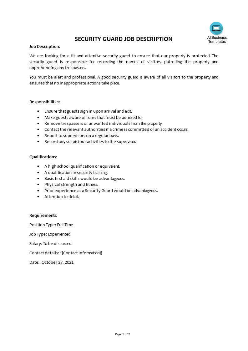 security guard job description template