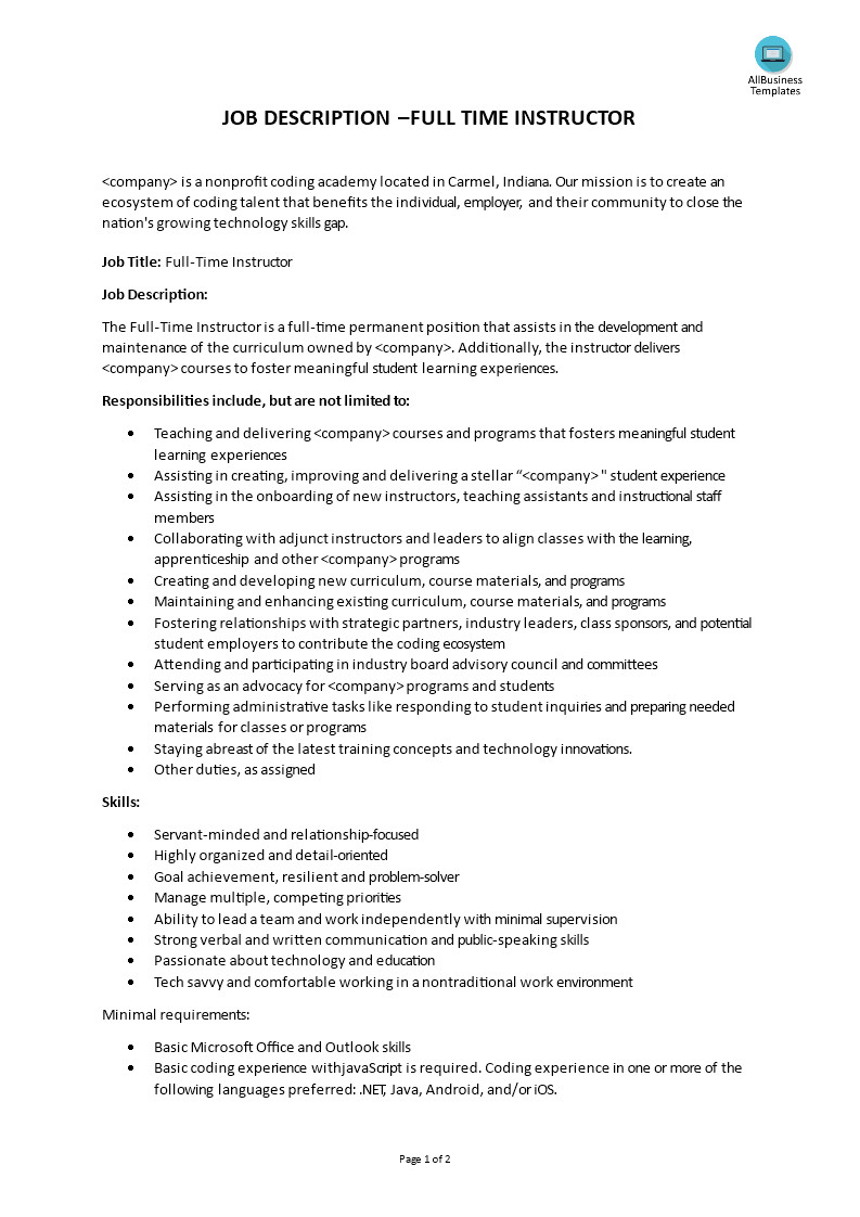 full instructor job description template