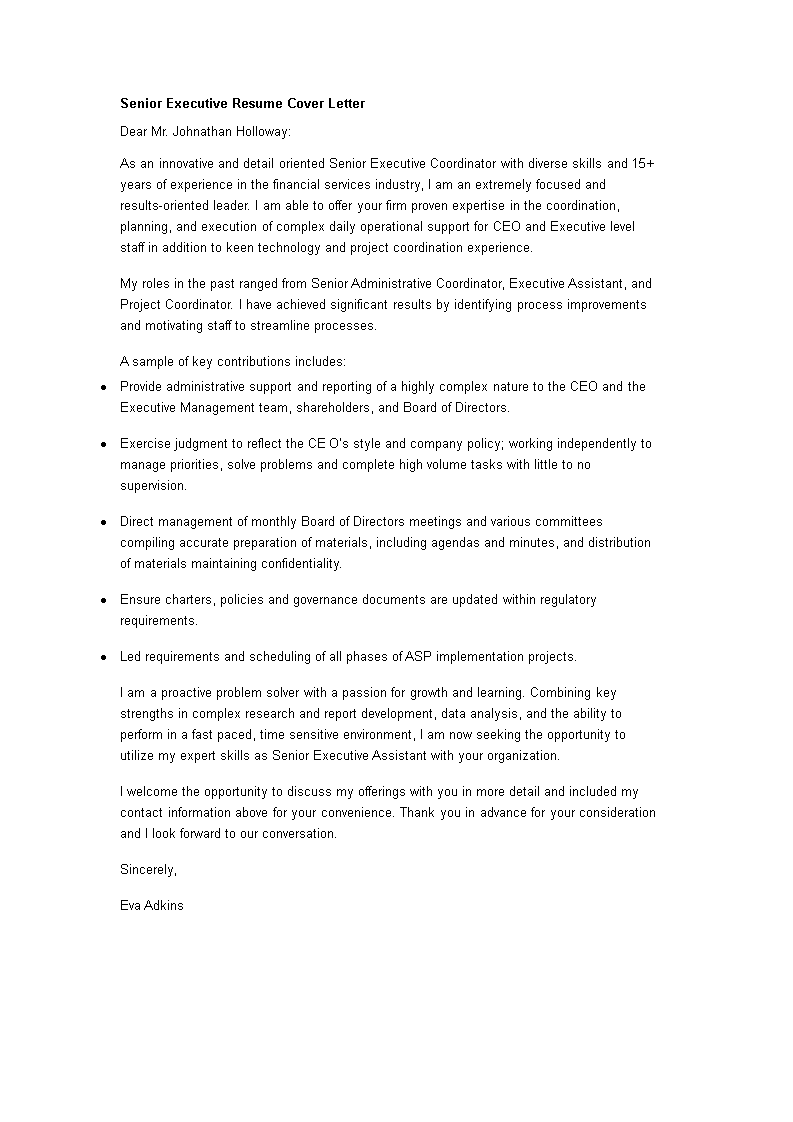 senior executive resume cover letter modèles