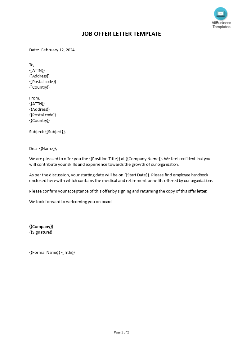 job offer letter template template