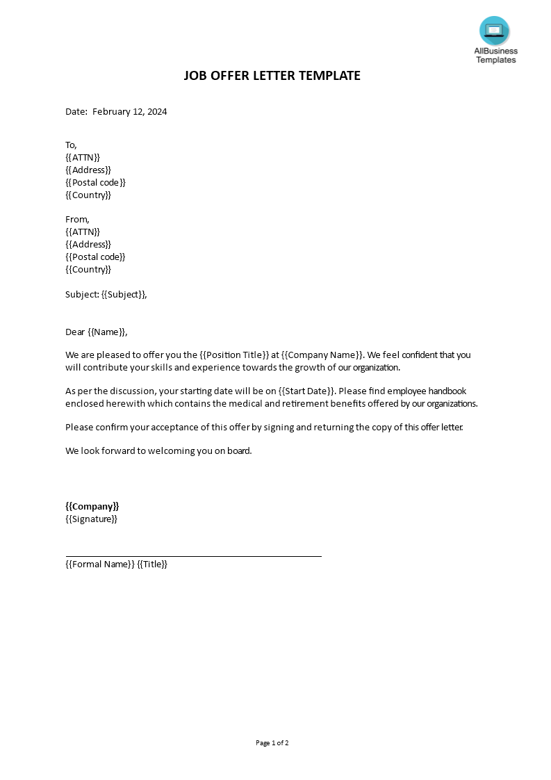 Job Offer Letter Template 模板