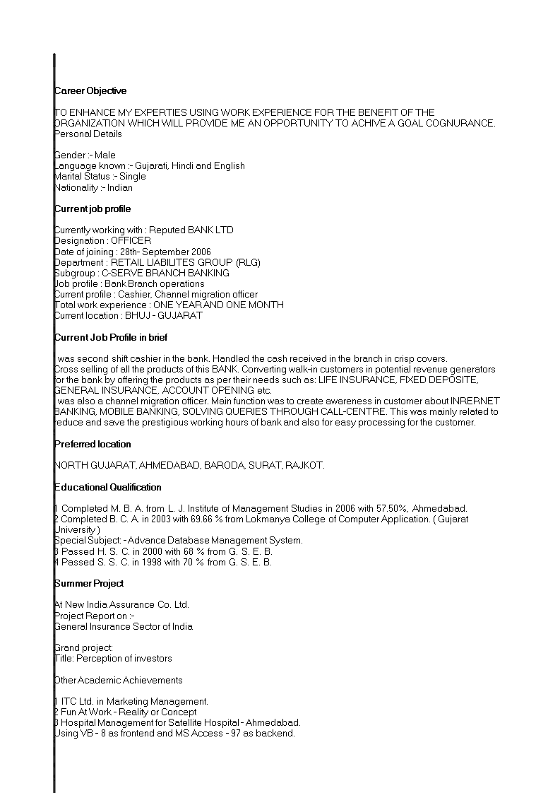 retail banking officer resume Hauptschablonenbild