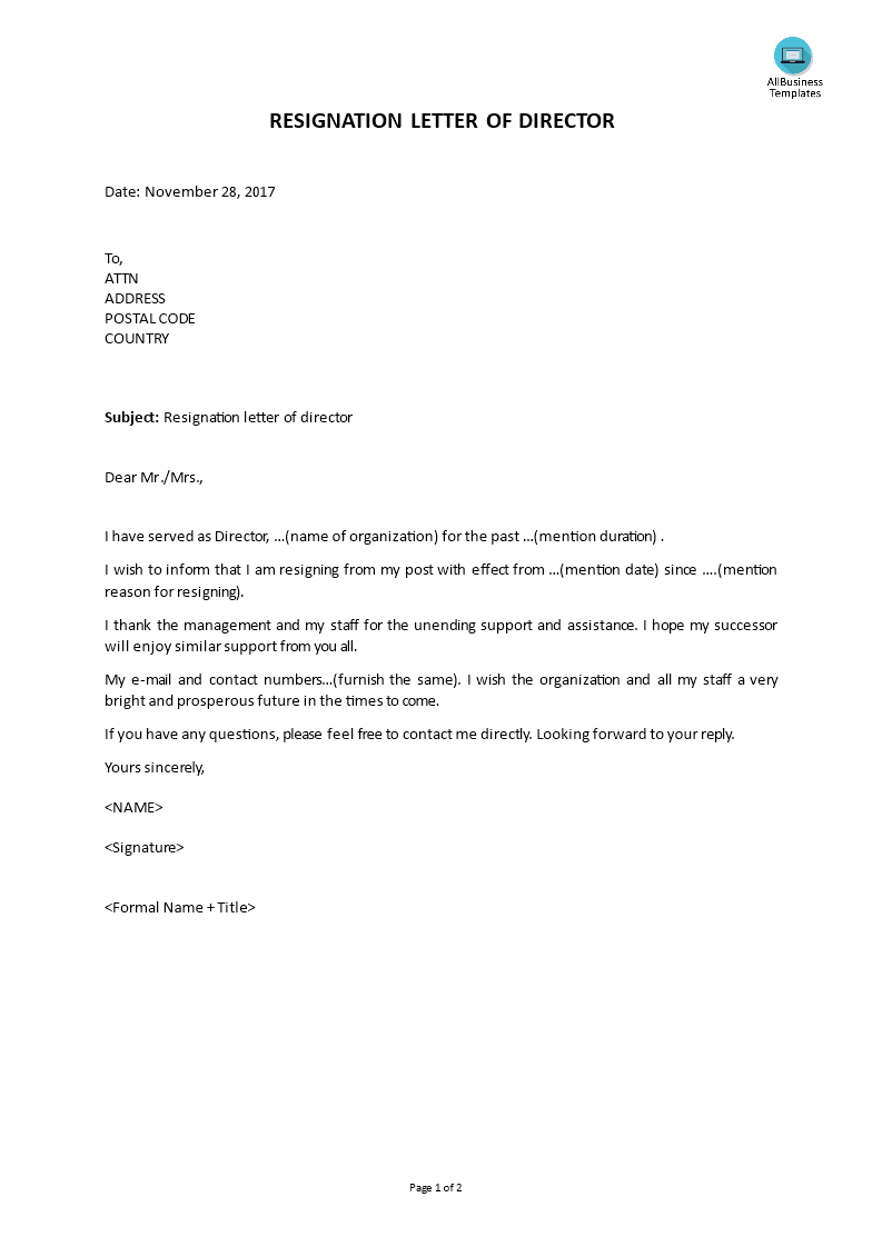 resignation letter of director template
