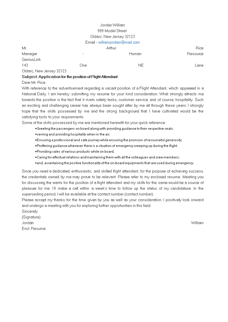 professional flight attendant cover letter template