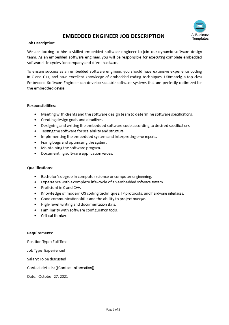 embedded engineer job description template