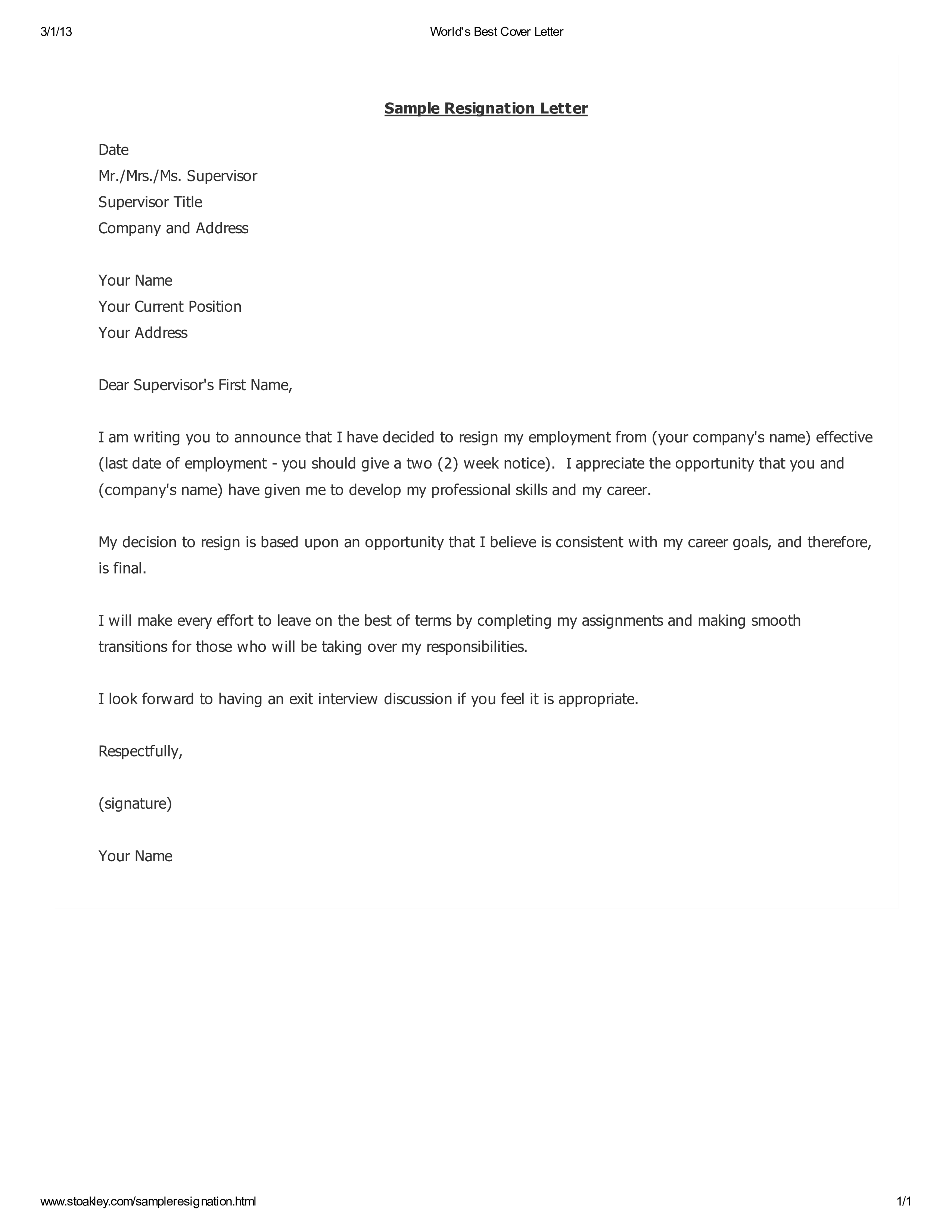 Kostenloses Formal Resignation Letter In Format
