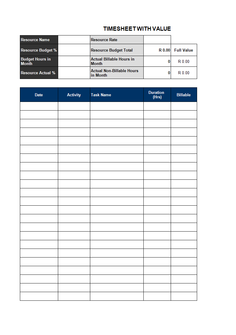 Timesheet Excel With Values Templates At