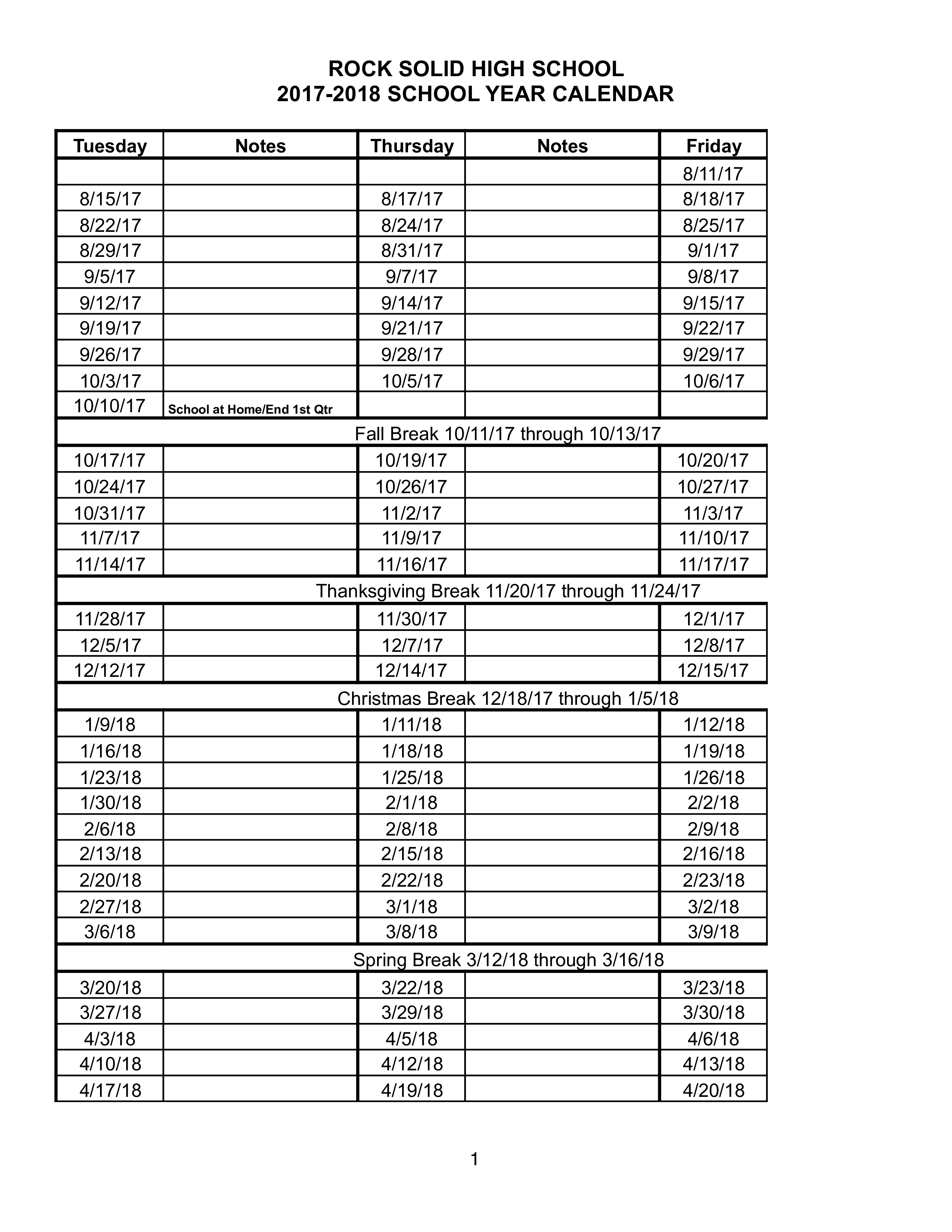 high school calendar modèles