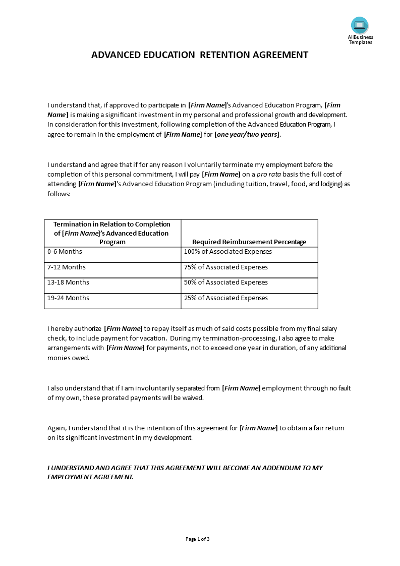 hr advanced education retention agreement template