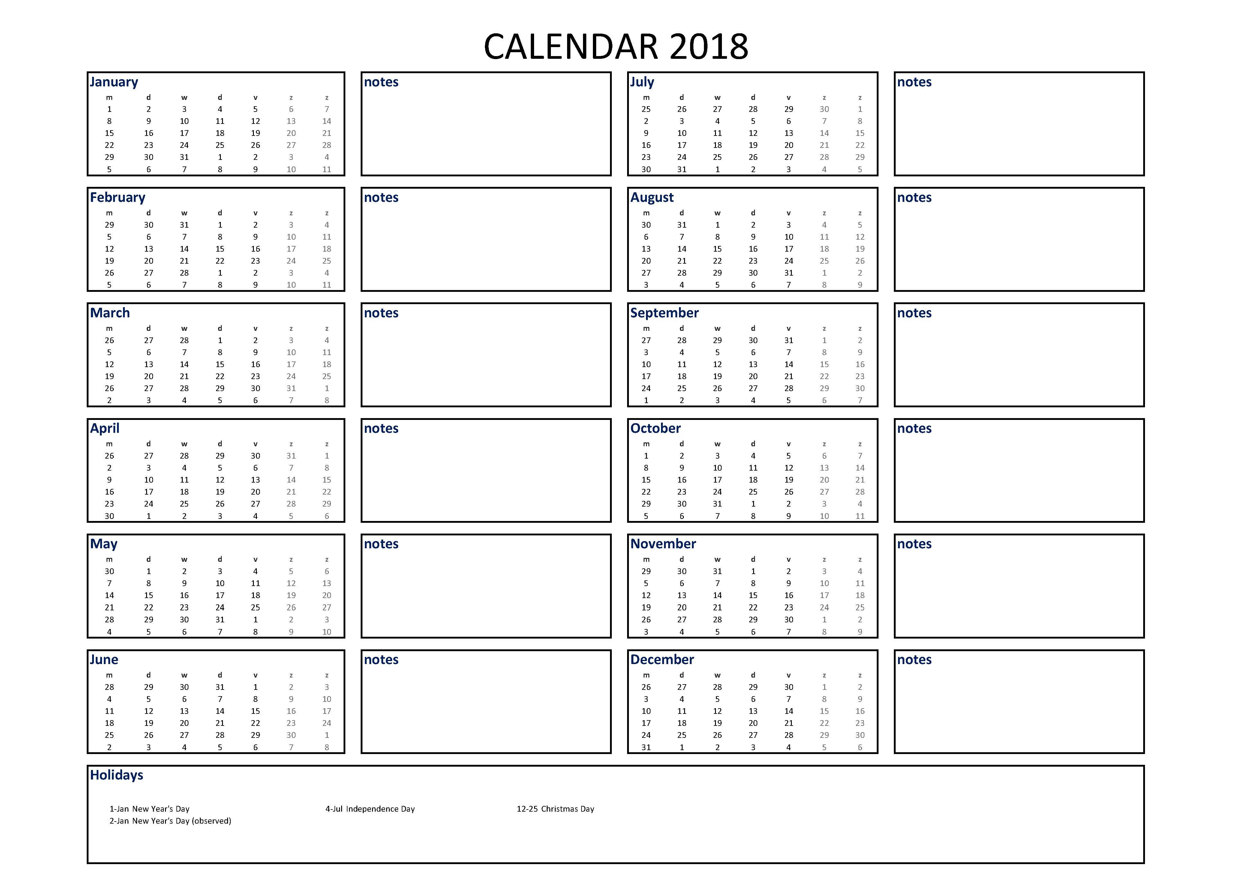 2018 calendar excel a4 size with notes voorbeeld afbeelding 