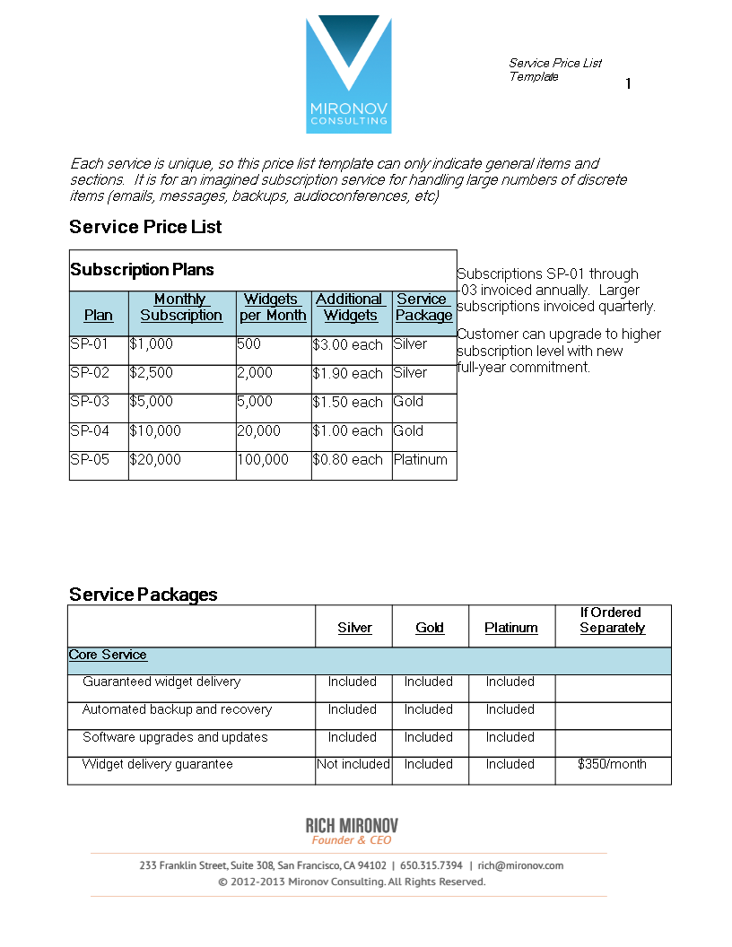 service price list template