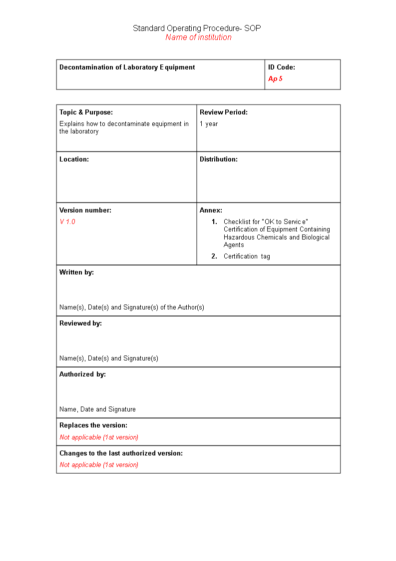 Decontamination Laboratory Equipment SOP Templates at
