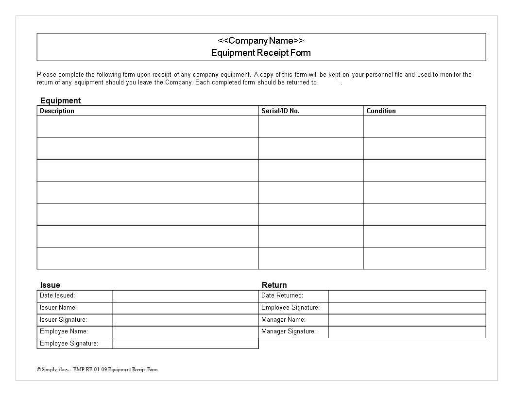 equipment receipt form template