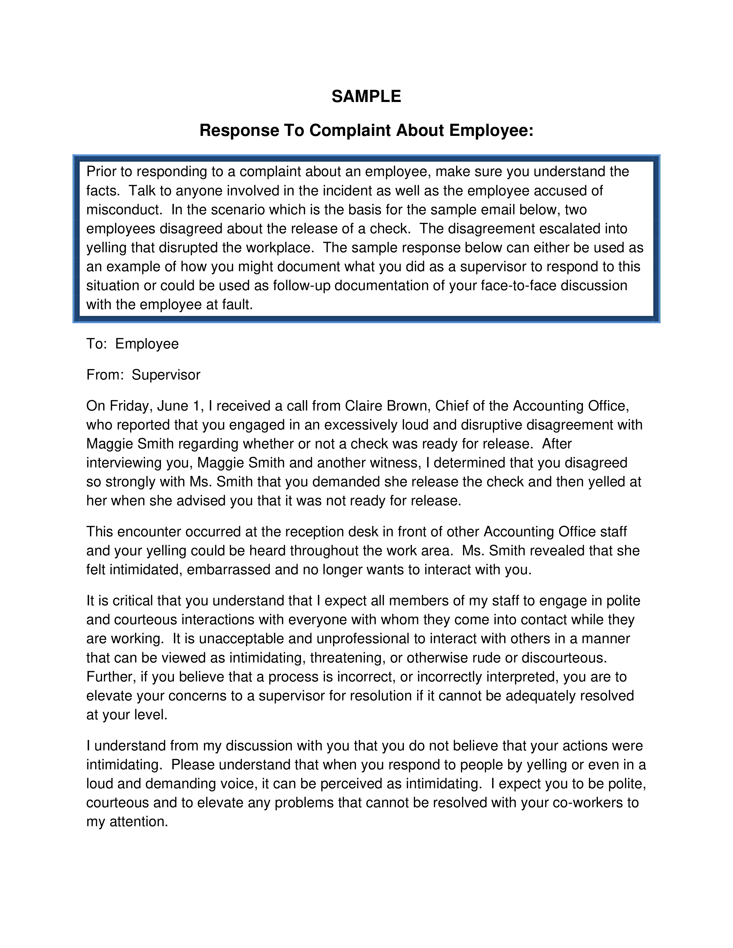 employee complaint response letter Hauptschablonenbild