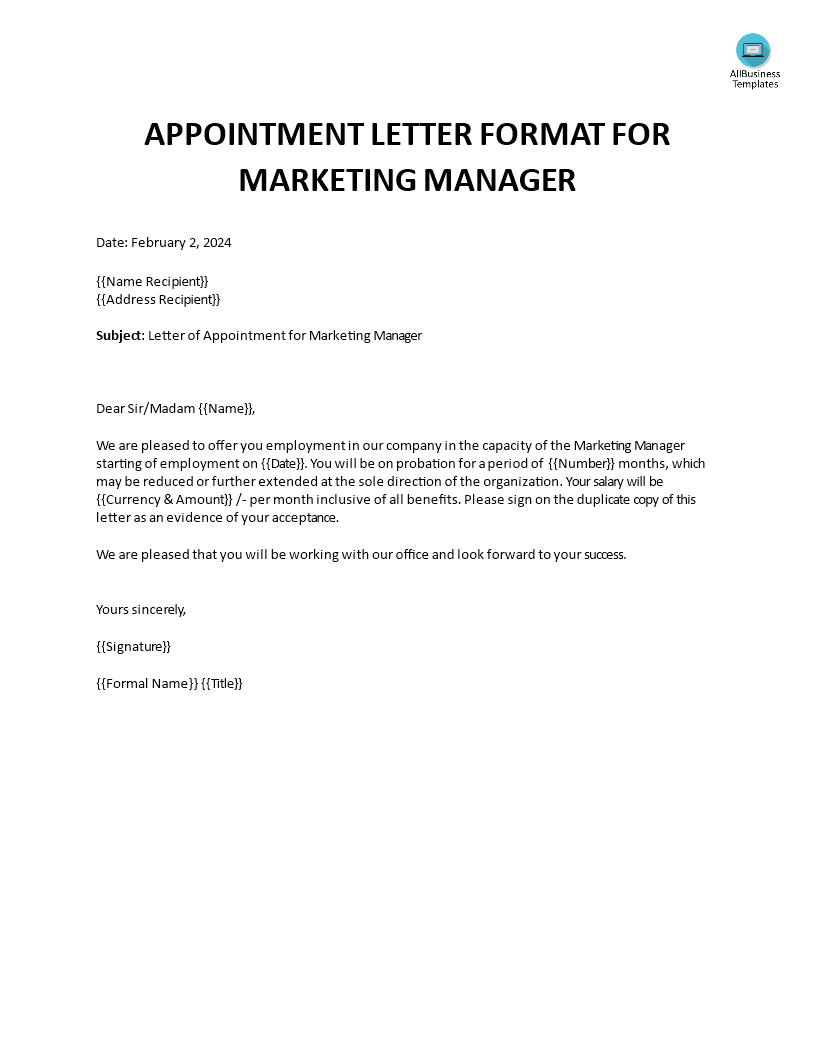 Appointment Letter Format for Marketing Manager 模板