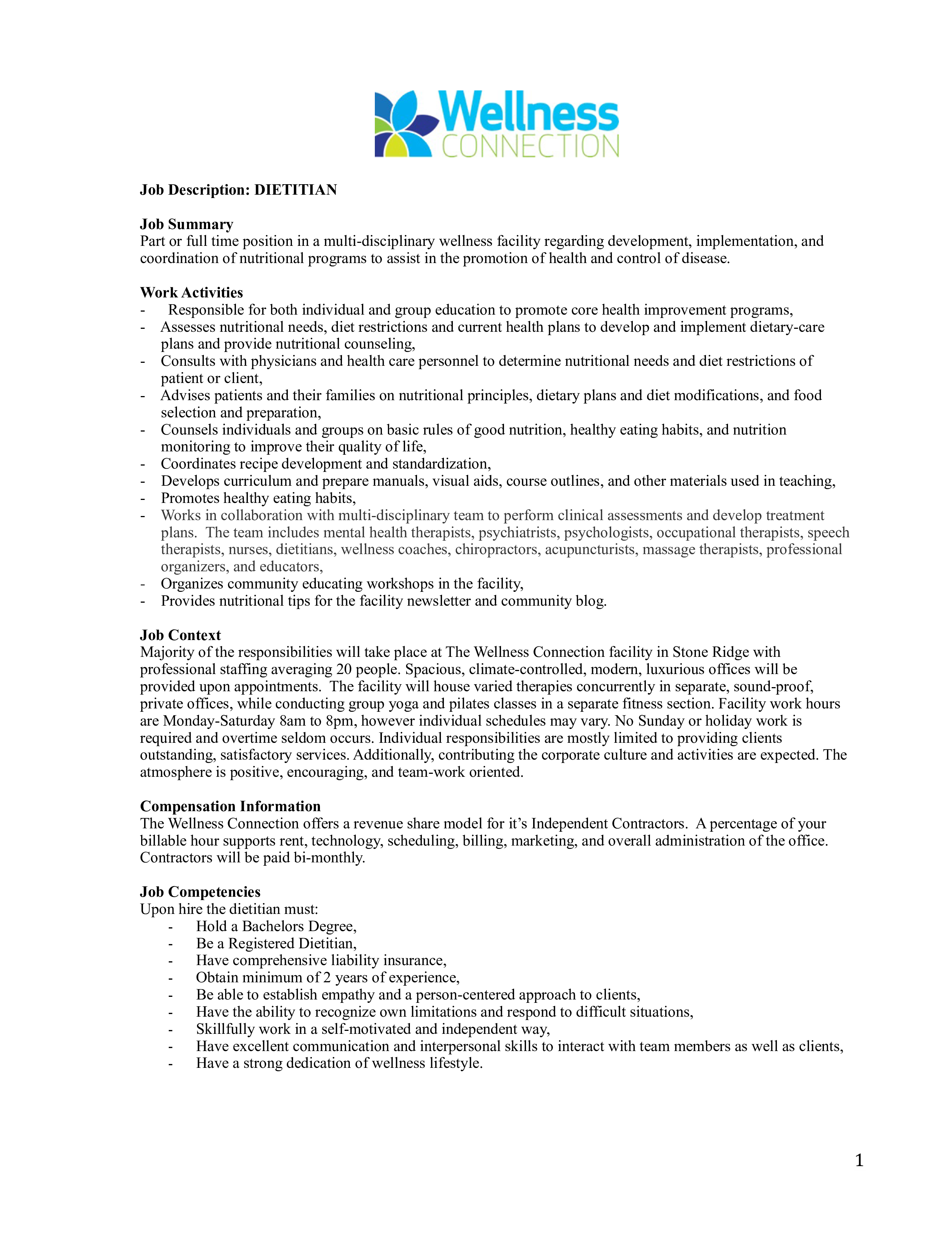 sample health dietition job description template