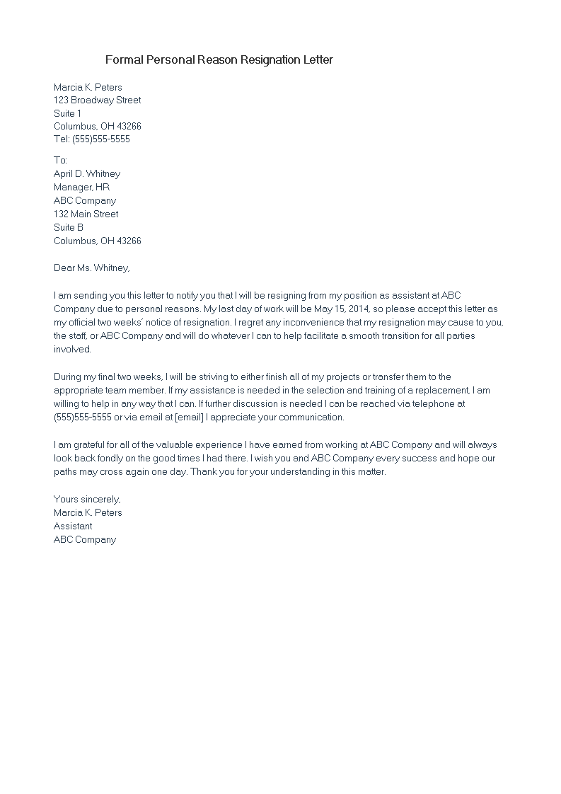 Formal Personal Reason Resignation Letter main image