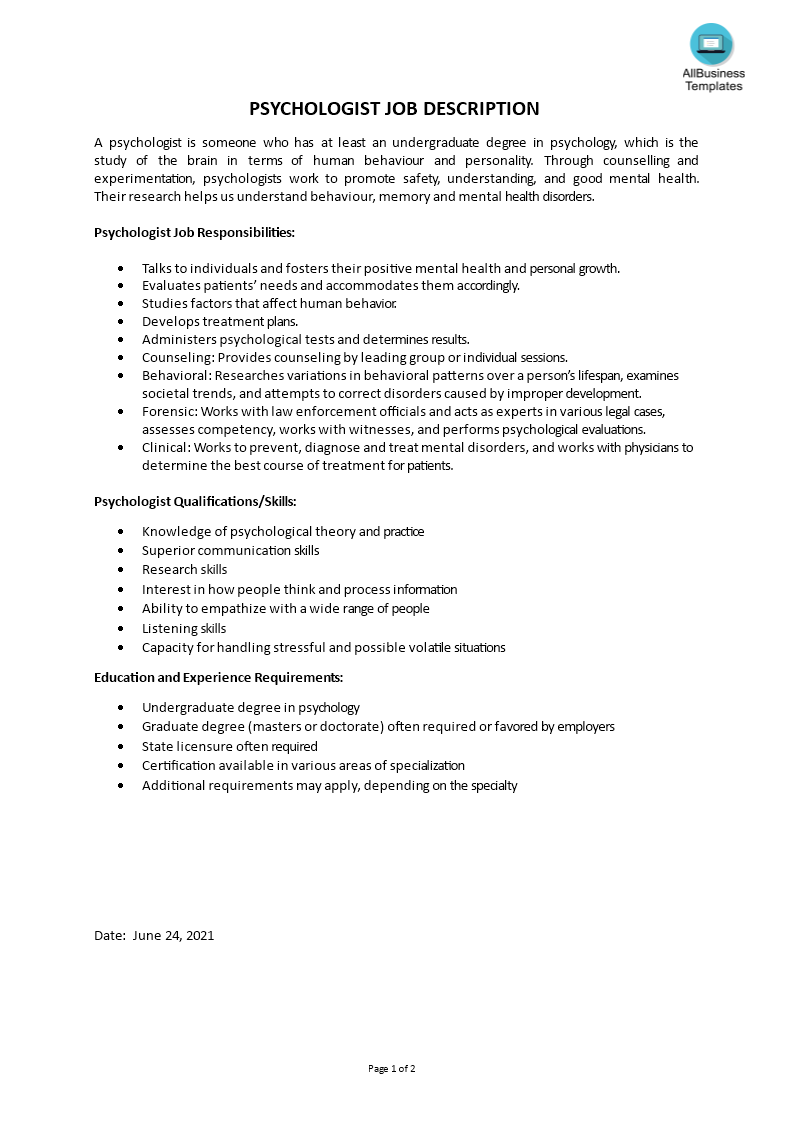 psychologist job description template