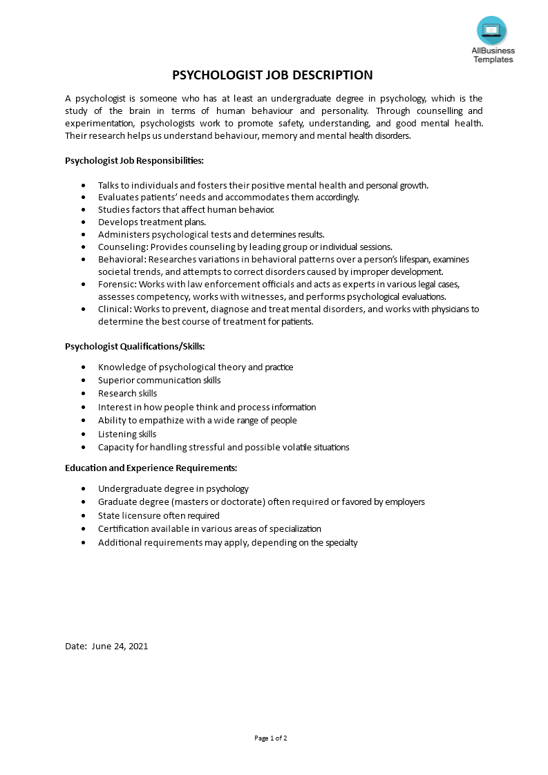psychologist job description voorbeeld afbeelding 