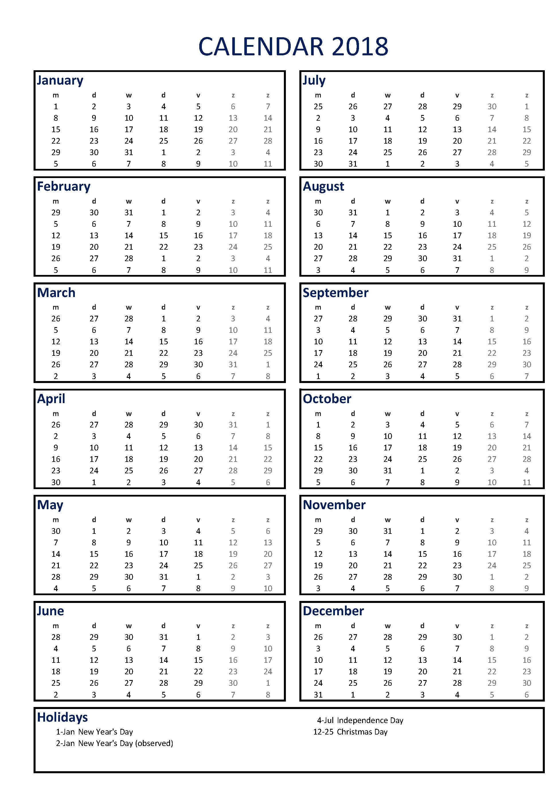 2018 Calendar A3 portrait MS Excel template main image