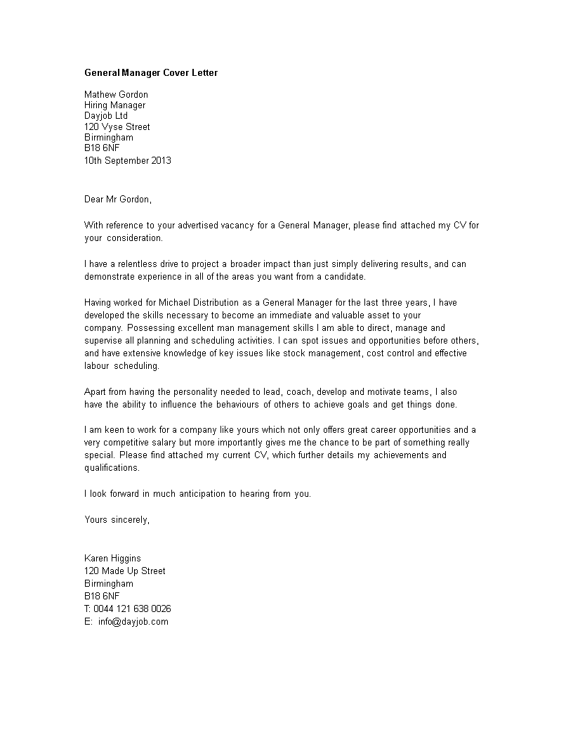 general manager cover letter word modèles