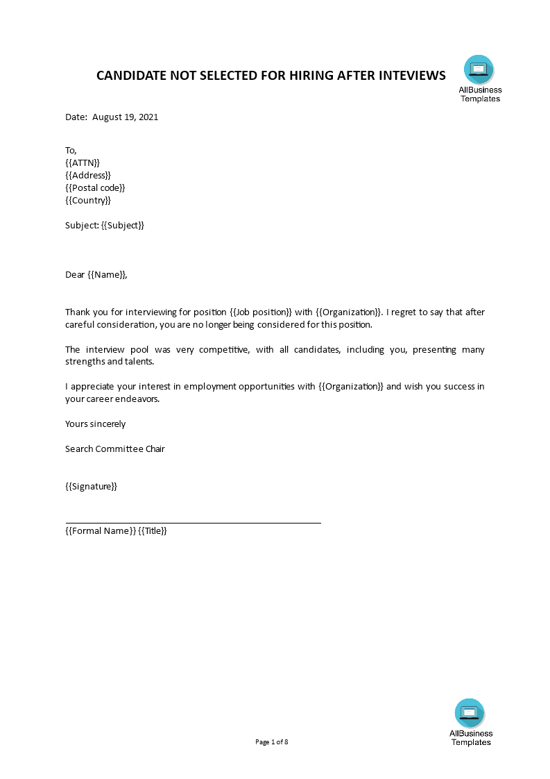 rejection letter to candidate template