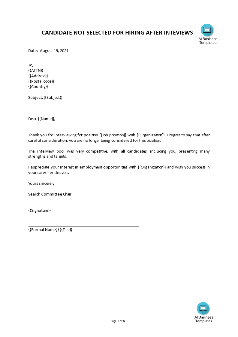 rejection letter to candidate voorbeeld afbeelding 