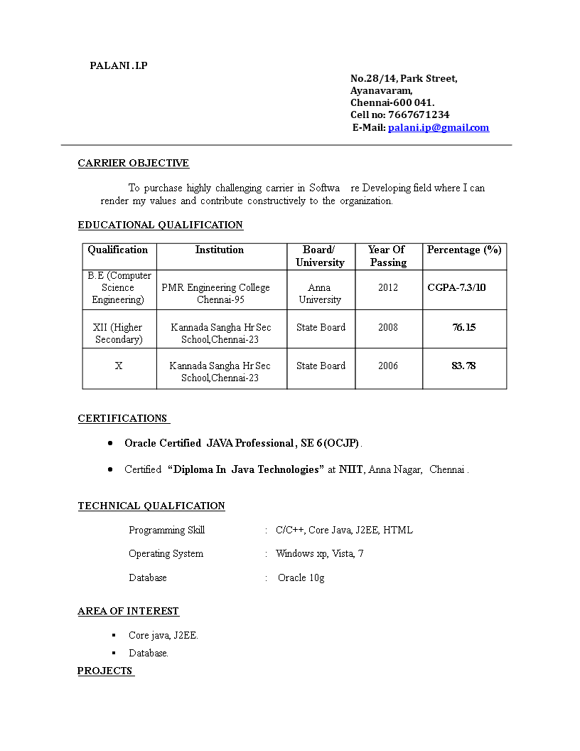 freshers resume template