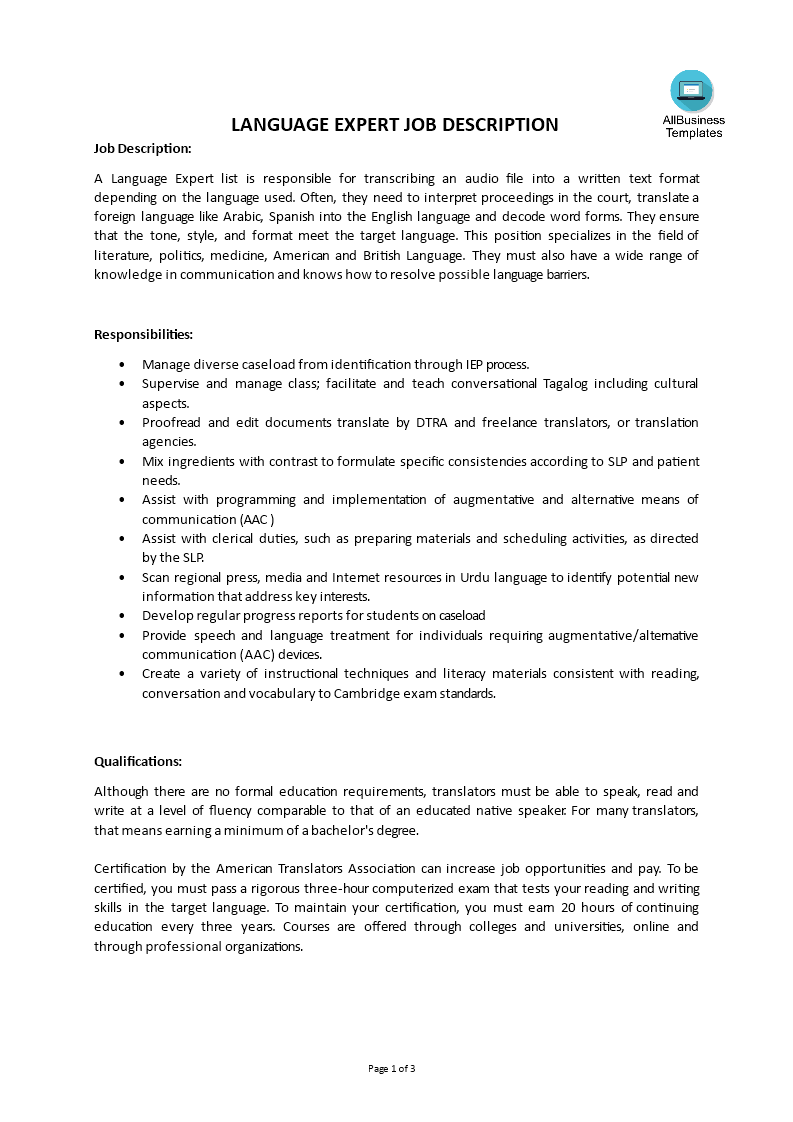 language expert job description template