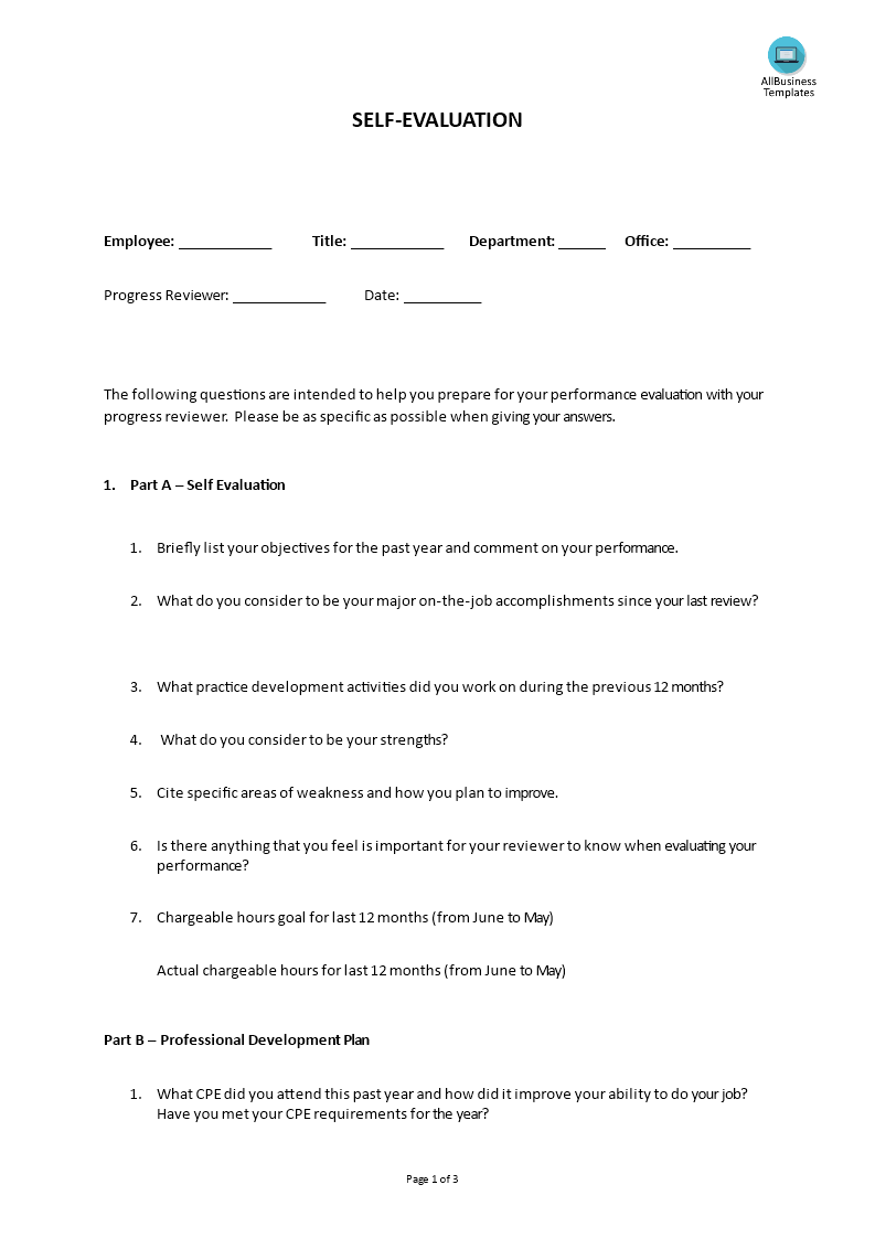 Hr Self Evaluation Form  Templates at allbusinesstemplates.com